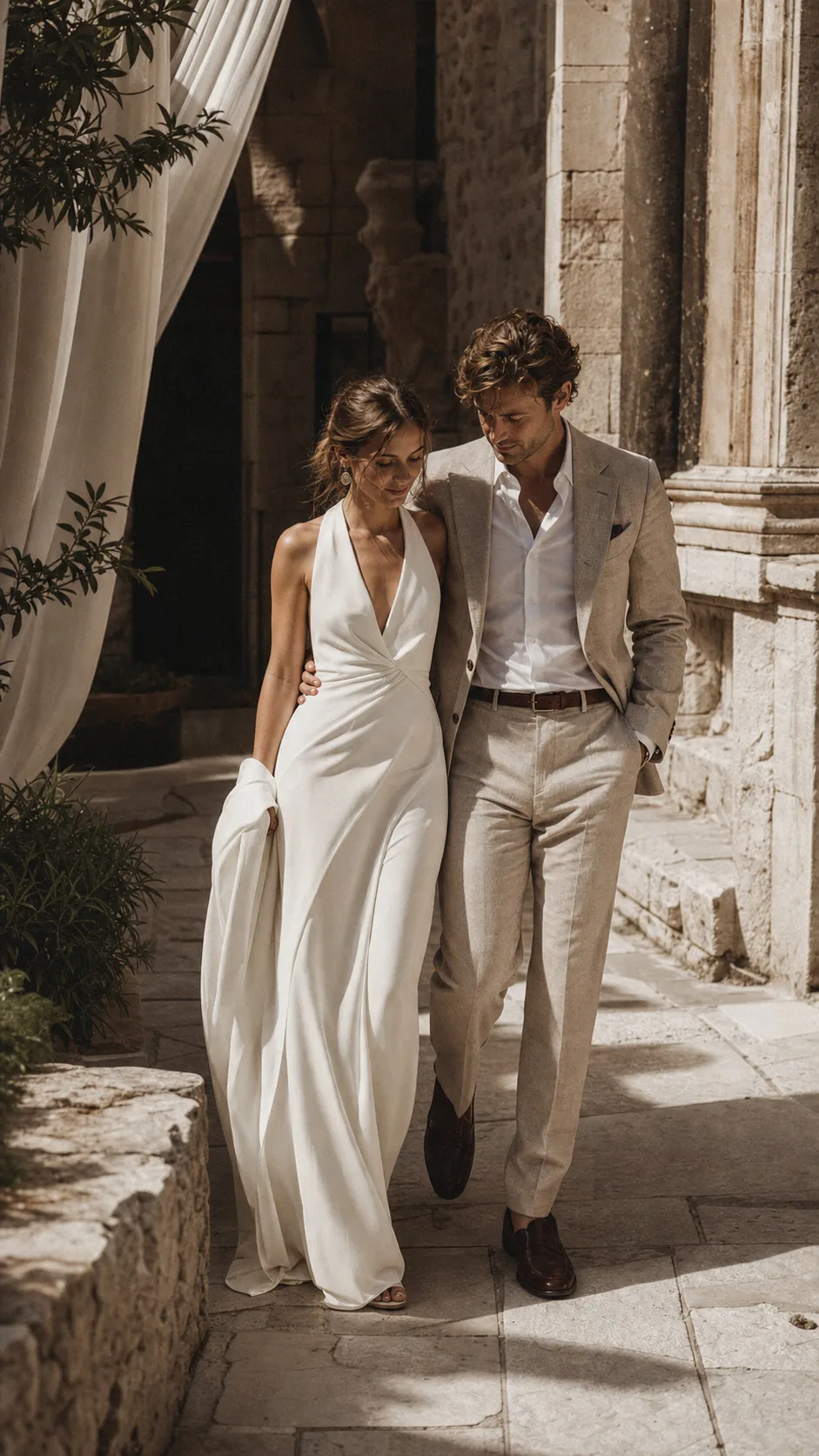 Pareja caminando por un patio mediterráneo